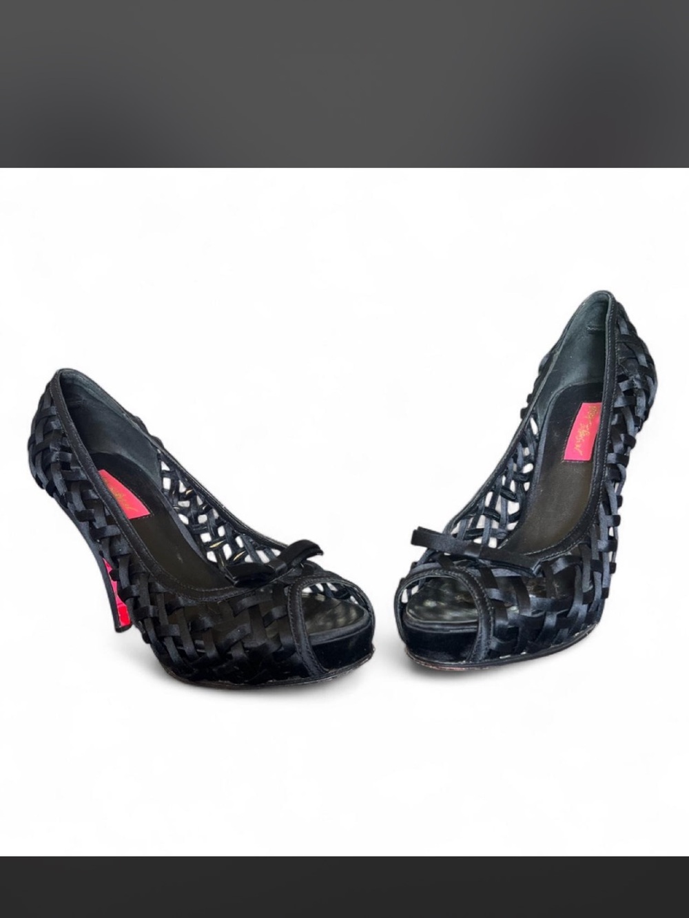 Betsey Johnson Black satin Woven Peep-Toe Heels 6.5